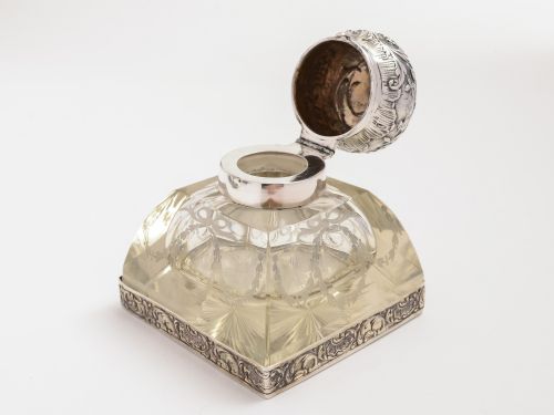 Continental Silver and Etched Glass Ink Pot Circa 1900