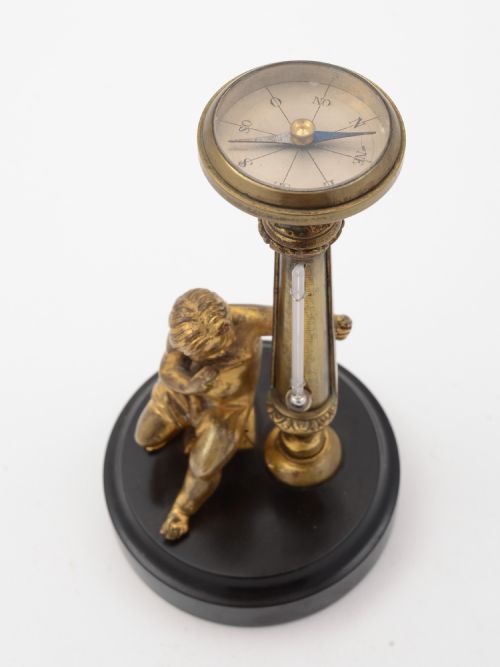 Victorian Combined Brass Thermometer and Compass Desk Ornament