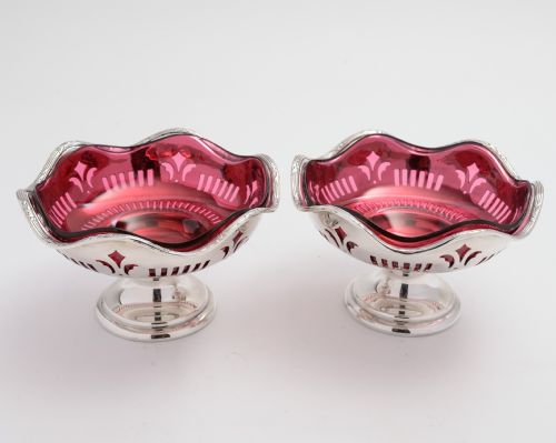 Pair of Mappin & Webb Silver Plated Bon Bon Dishes with Cranberry Liners