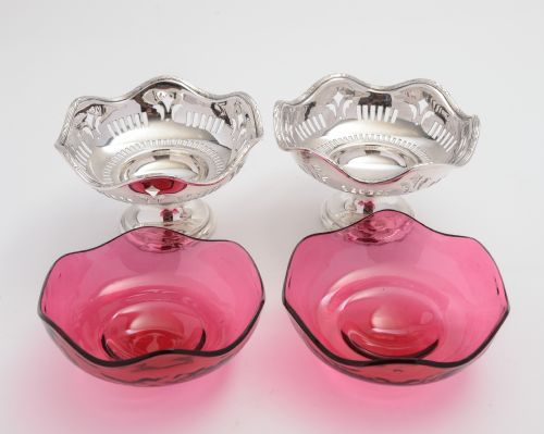 Pair of Mappin & Webb Silver Plated Bon Bon Dishes with Cranberry Liners