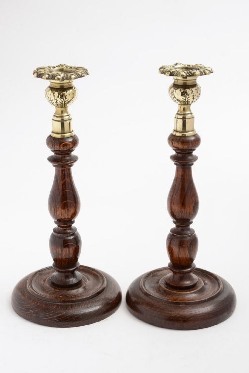 Pair of Baluster Oak Turned Candlesticks circa 1920