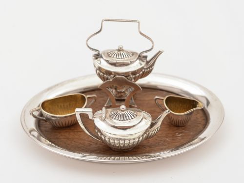 Miniature Silver Tea Set on Oak and Silver Tray