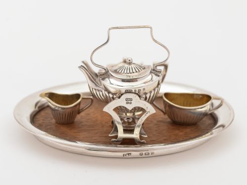 Miniature Silver Tea Set on Oak and Silver Tray