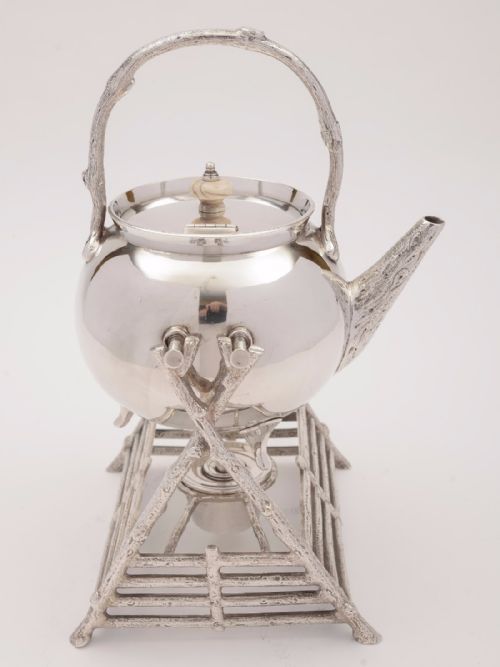 Victorian Silver Plated Naturalistic Spirit Kettle on Stand Circa 1890