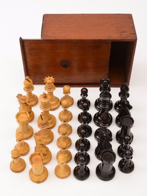 Edwardian Stained Box Wood Chess Set with Glass Eyes