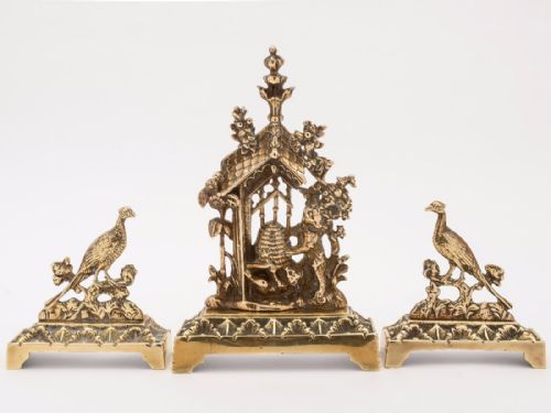 Tri Brass Garniture of Beehive Bear and Pheasants Circa 1880