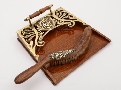 Art Nouveau Oak and Brass Crumb Tray and Brush Circa 1900