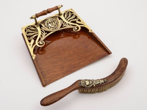 Art Nouveau Oak and Brass Crumb Tray and Brush Circa 1900