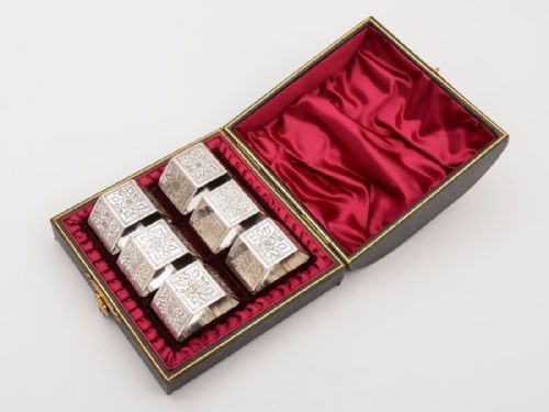 Cased Set of 6 Victorian Engraved Napkin Rings Circa 1890