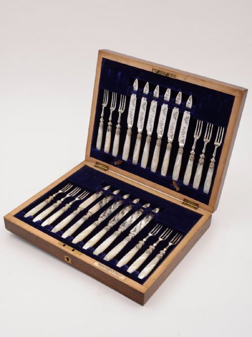 Edwardian Mother of Pearl and Silver Plated Dessert Set