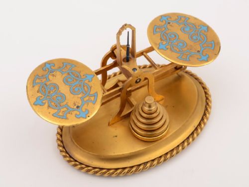Early Victorian Gilded Brass and Enamel Postal Scales