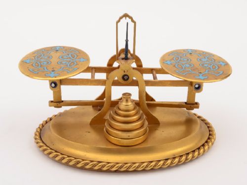 Early Victorian Gilded Brass and Enamel Postal Scales