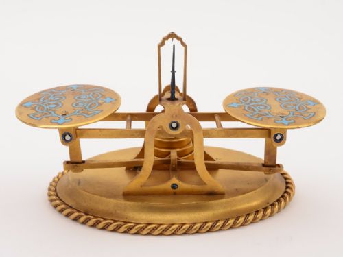 Early Victorian Gilded Brass and Enamel Postal Scales