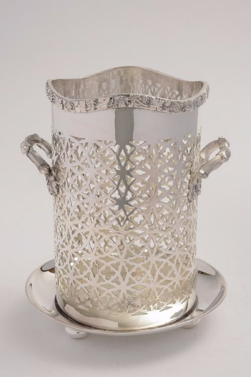 Edwardian Pierced and Embossed Silver Plated Wine Bottle Holder