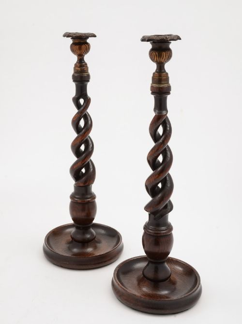 Pair of English Oak Open Barley Twist Candlesticks Circa 1920