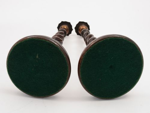 Pair of English Oak Open Barley Twist Candlesticks Circa 1920