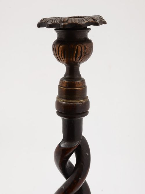 Pair of English Oak Open Barley Twist Candlesticks Circa 1920