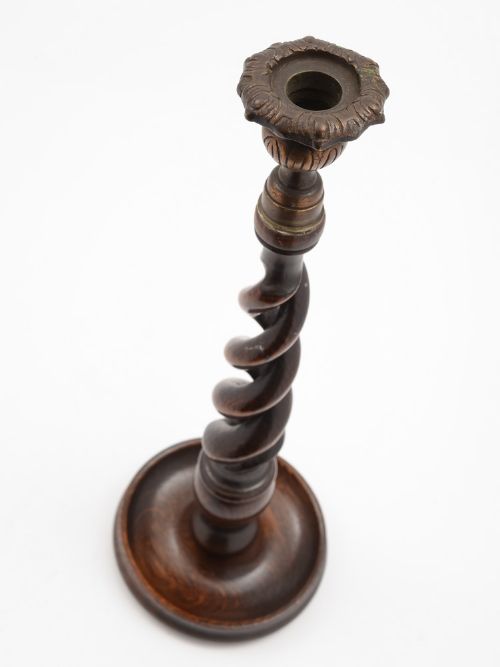 Pair of English Oak Open Barley Twist Candlesticks Circa 1920