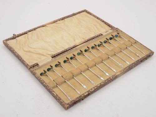 Set of 12 Silver and Enamel Cocktail Sticks 1928
