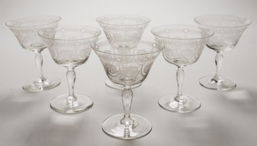 Set of 6 Engraved Champagne Glasses Circa 1920