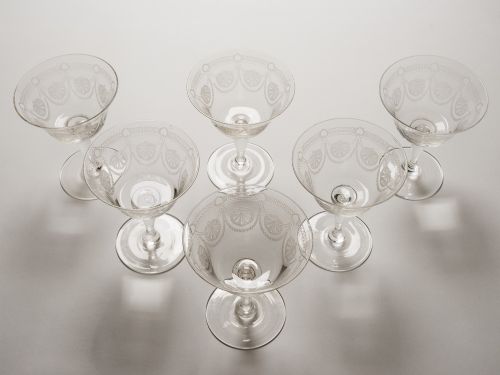 Set of 6 Engraved Champagne Glasses Circa 1920