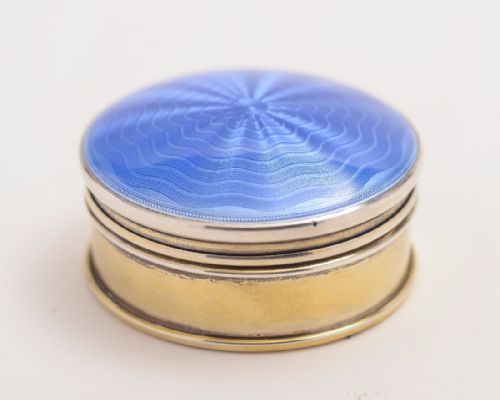 Silver Pill Box with Blue Guilloche Enamel Top Birmingham 1923