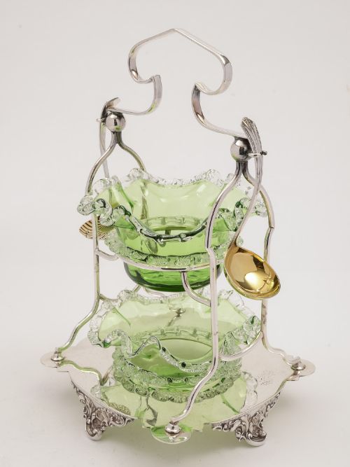 Glass Cream & Sugar in 2 Tier Stand Circa 1890