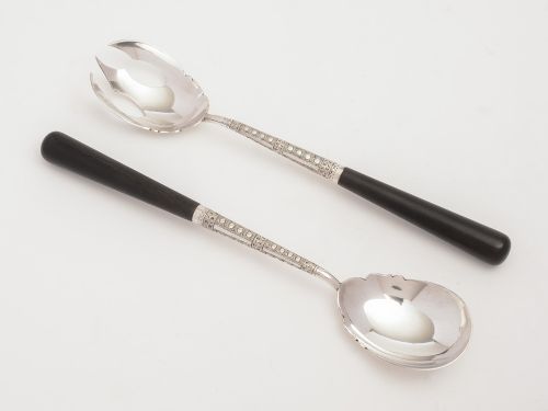 Pair of Arts & Crafts Ebony Handled Salad Servers Circa 1900