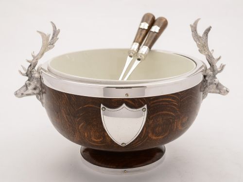 Victorian Oak and Silver Plated Salad Bowl and Servers Circa 1890
