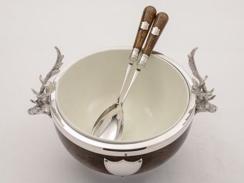 Victorian Oak and Silver Plated Salad Bowl and Servers Circa 1890