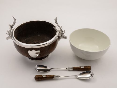 Victorian Oak and Silver Plated Salad Bowl and Servers Circa 1890