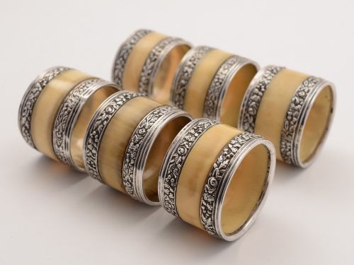 Victorian Set of 6 Silver & Bone Napkin Rings 1891