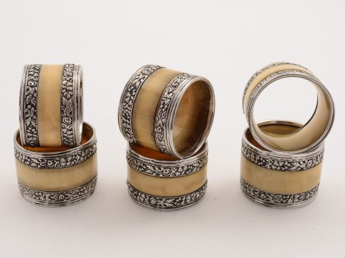 Victorian Set of 6 Silver & Bone Napkin Rings 1891