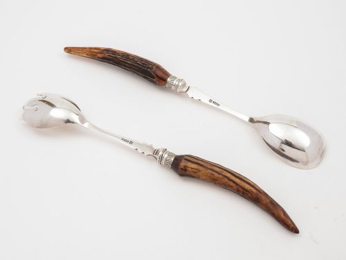 Edwardian Silver and Antler Handled Salad Servers