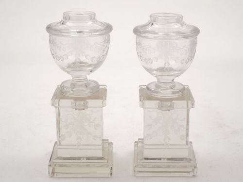 Pair of Miniature Glass Urns on Stands Circa 1905