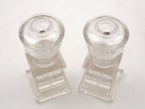 Pair of Miniature Glass Urns on Stands Circa 1905