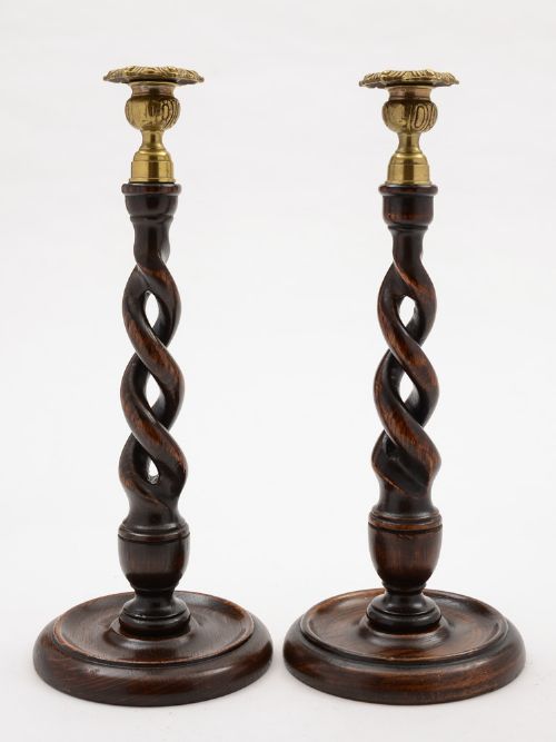 Pair of Oak Open Barley Twist Candlesticks Circa 1920