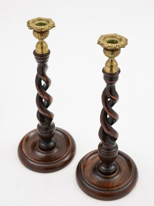 Pair of Oak Open Barley Twist Candlesticks Circa 1920