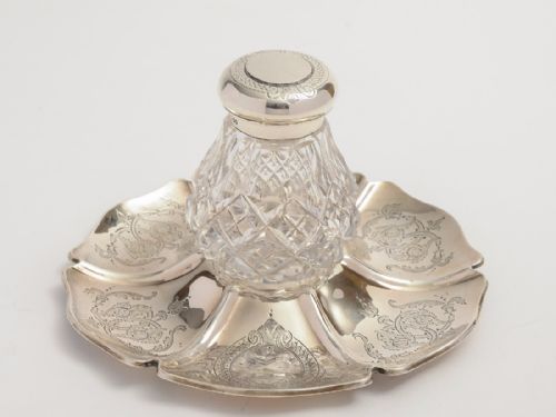 Victorian Silver & Cut Glass Ink Stand 1876