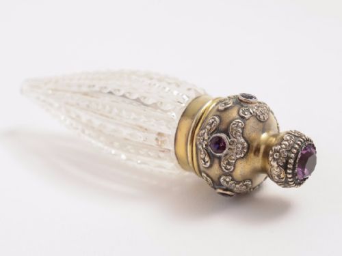 Victorian Silver Topped Scent Bottle Inset with Amethyst