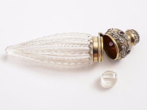 Victorian Silver Topped Scent Bottle Inset with Amethyst