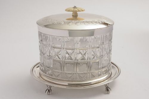 Oval Glass & Silver Plated Victorian Biscuit Box