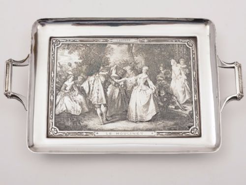French Silver Plated Copper Engraved Tray Circa 1920