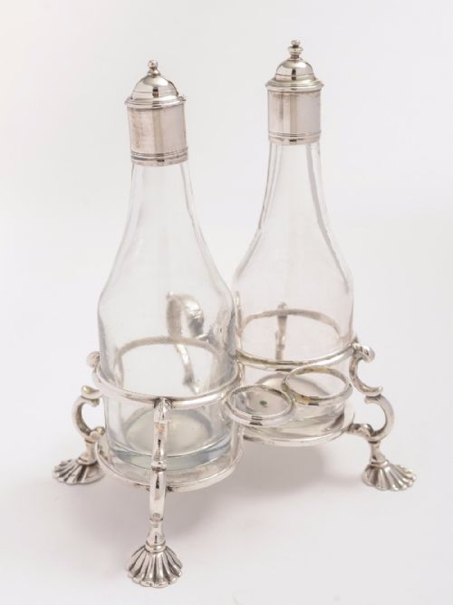 George II Solid Silver Vinegar and Oil 2 Bottle Cruet 