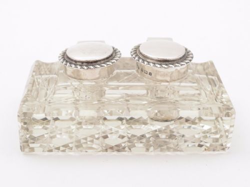 Edwardian Silver Topped Cut Glass Double Ink Pot Birmingham 1901