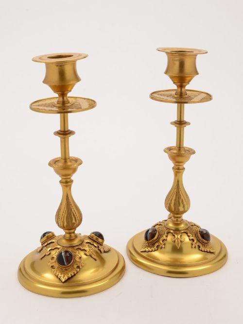Pair of Victorian Brass Gilt and Agate Candlesticks Circa 1880