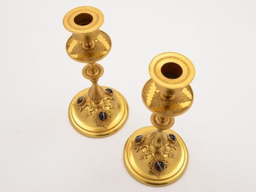 Pair of Victorian Brass Gilt and Agate Candlesticks Circa 1880