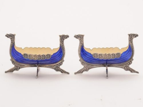 Pair of Norwegian Guilloche Enamelled Salts Circa 1930