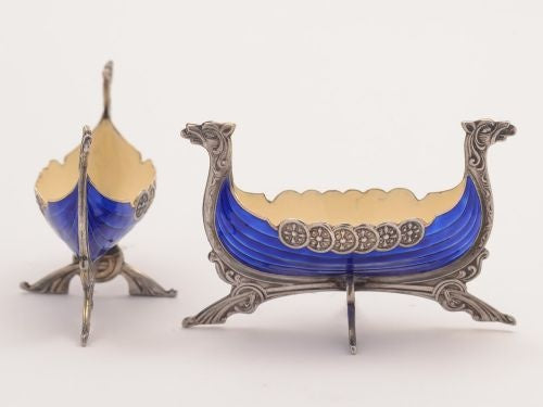 Pair of Norwegian Guilloche Enamelled Salts Circa 1930