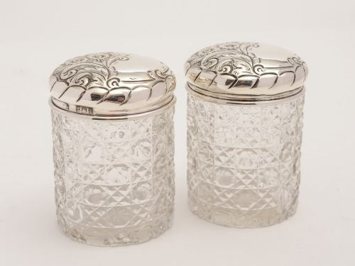 Pair of Edwardian Silver Topped Trinket Jars Birmingham 1906
